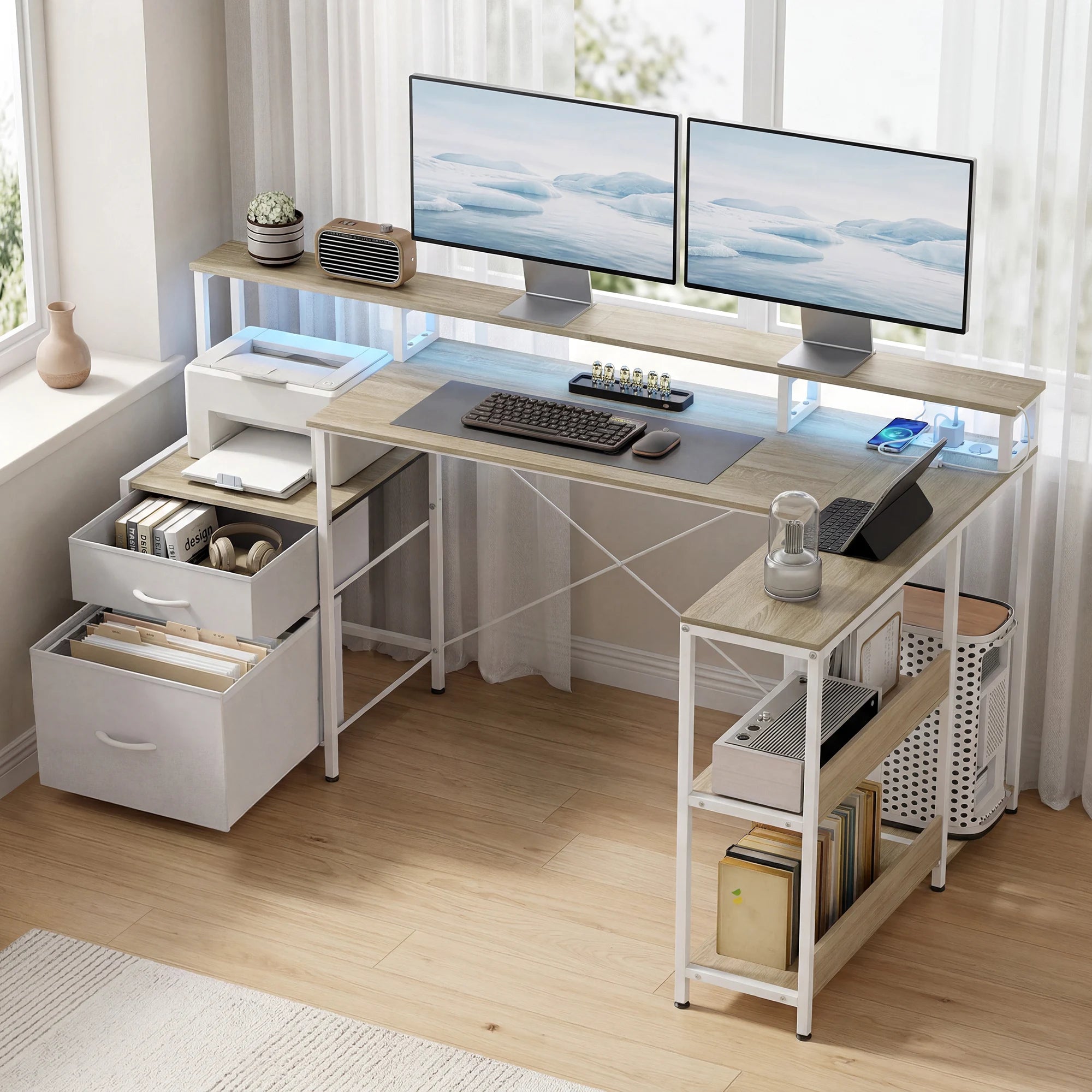 Bureau d’angle LED RGB avec prises et 2 tiroirs