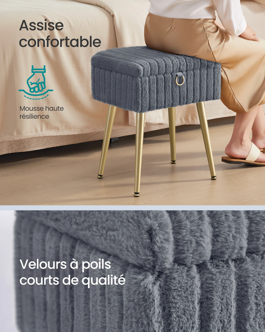 Tabouret de coiffeuse avec rangement et pieds dorés — assise capitonnée et rangement