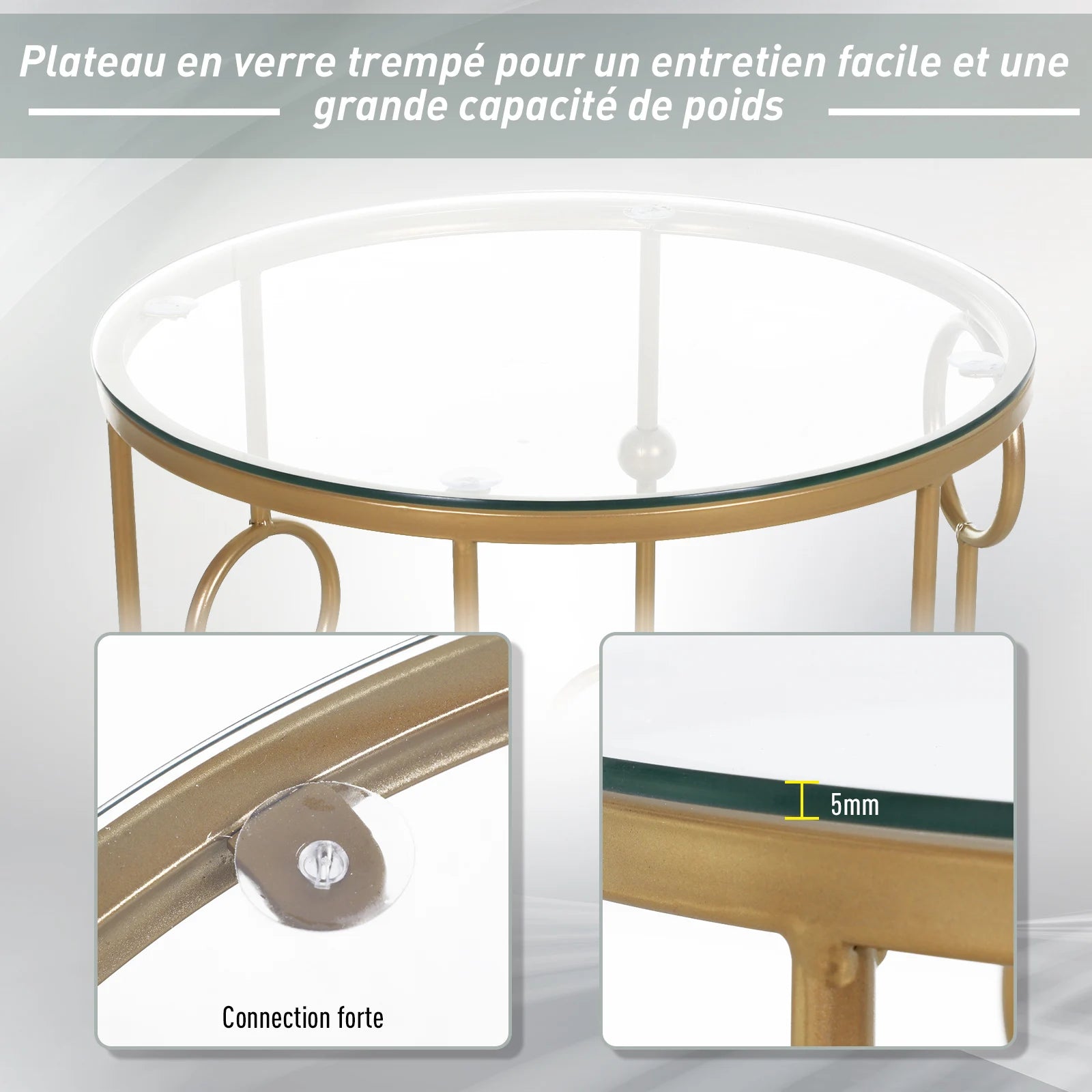 Lot de 2 tables gigognes en verre et métal doré