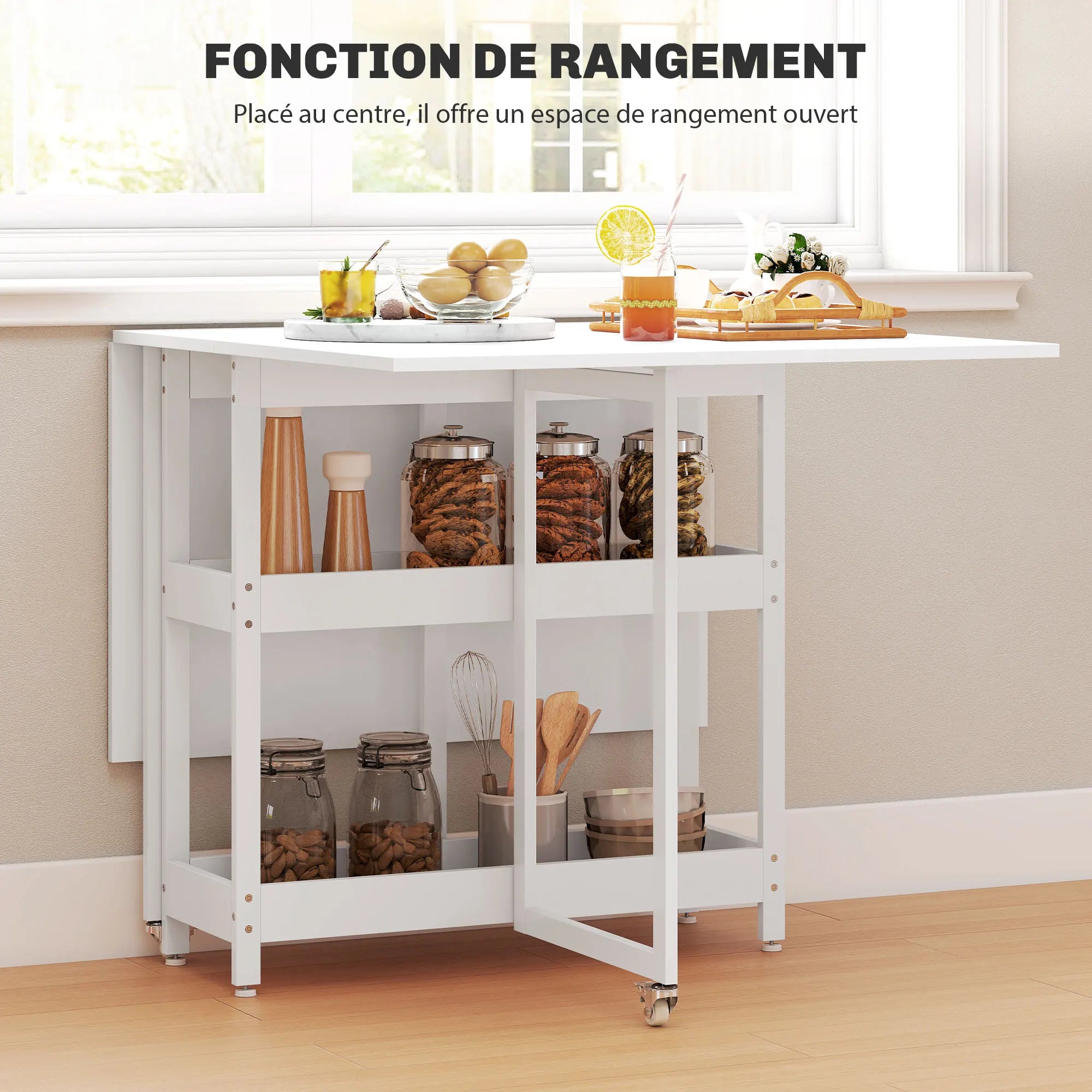 Table à manger pliante sur roulettes pour 4 personnes
