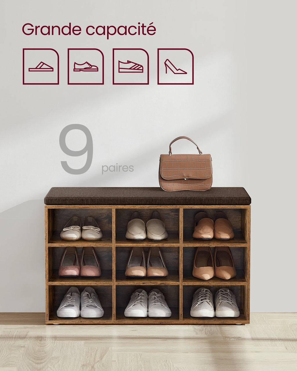 Banc à chaussures avec neuf cases et assise rembourrée, illustration 4
