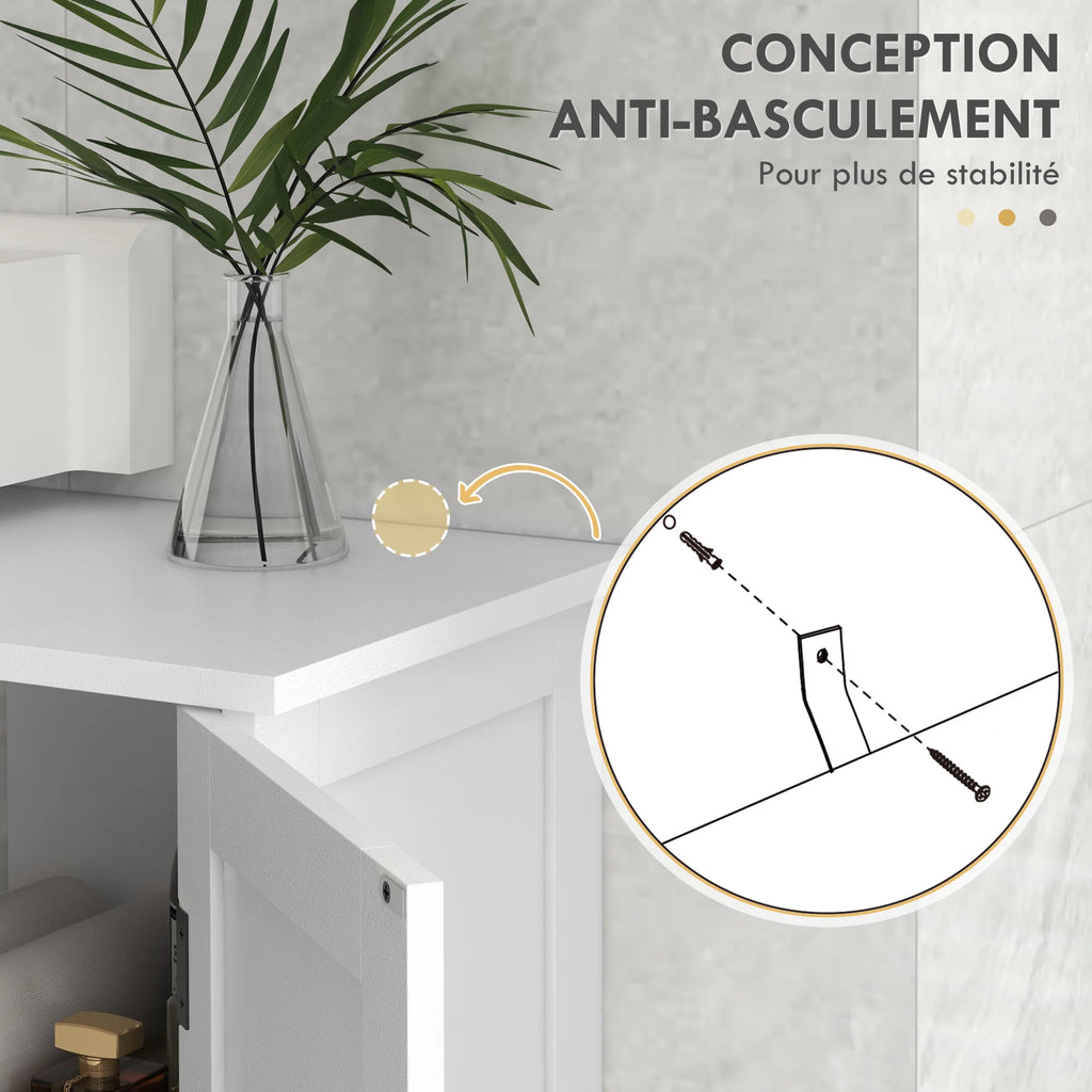 Meuble sous lavabo blanc, 2 portes et niches — dispositif anti-basculement
