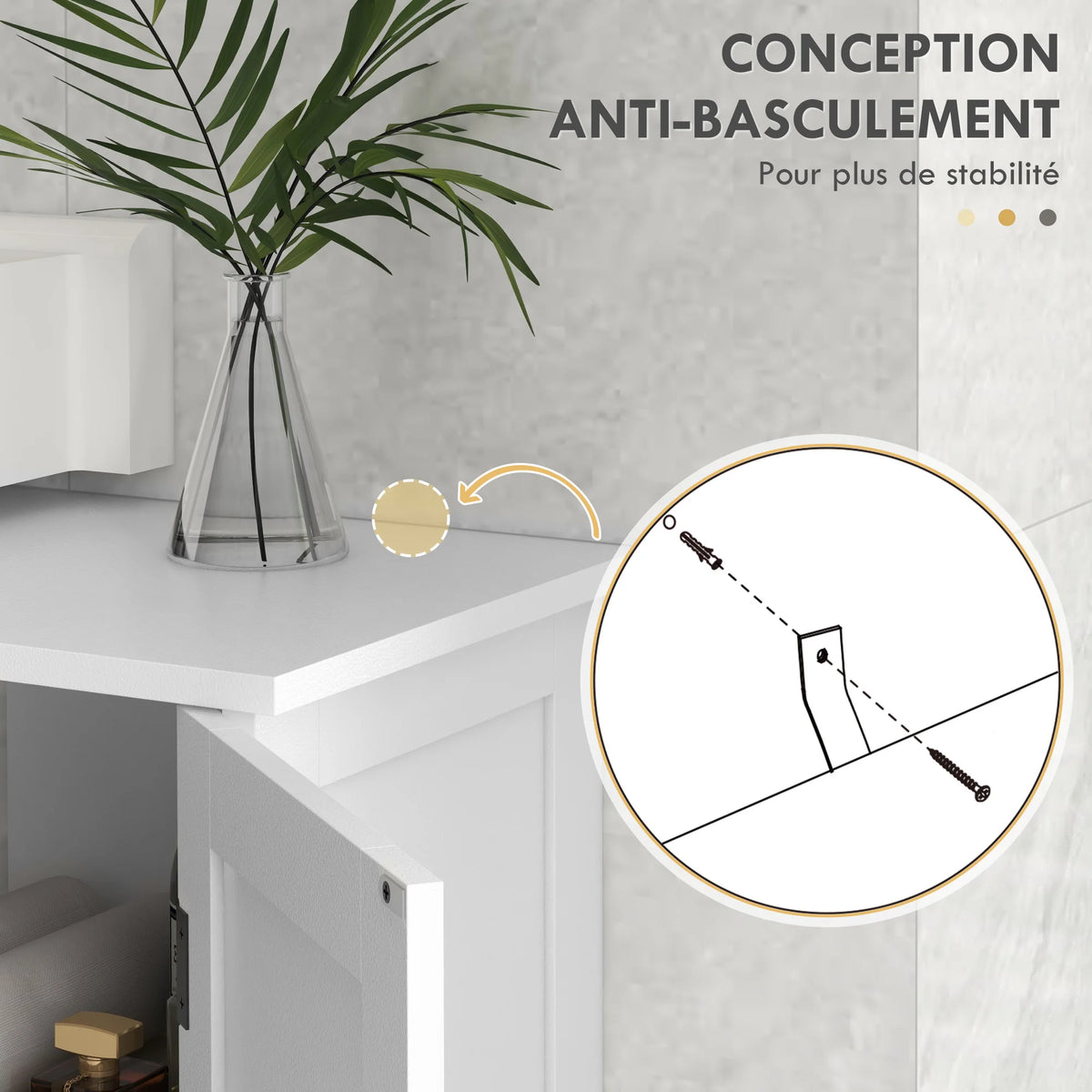 Meuble sous lavabo blanc, 2 portes et niches — dispositif anti-basculement