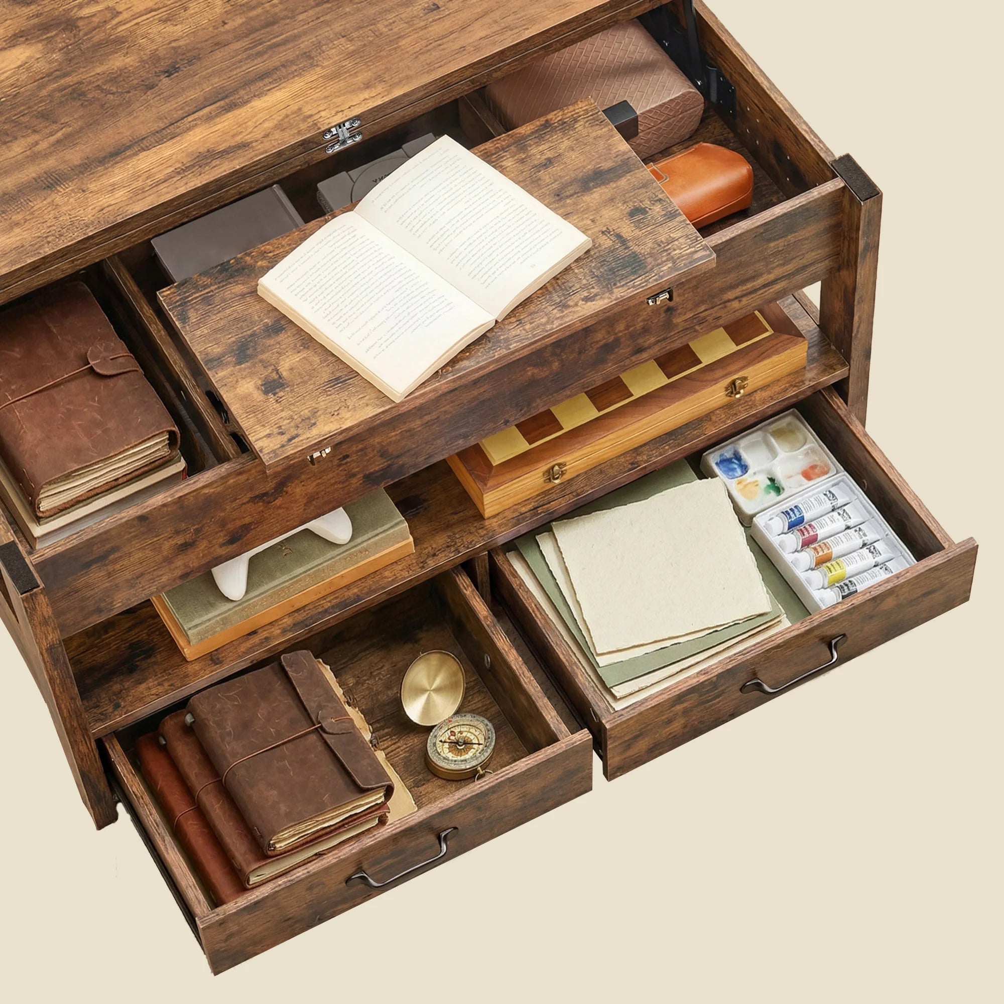 Table basse relevable à vérin avec 2 tiroirs