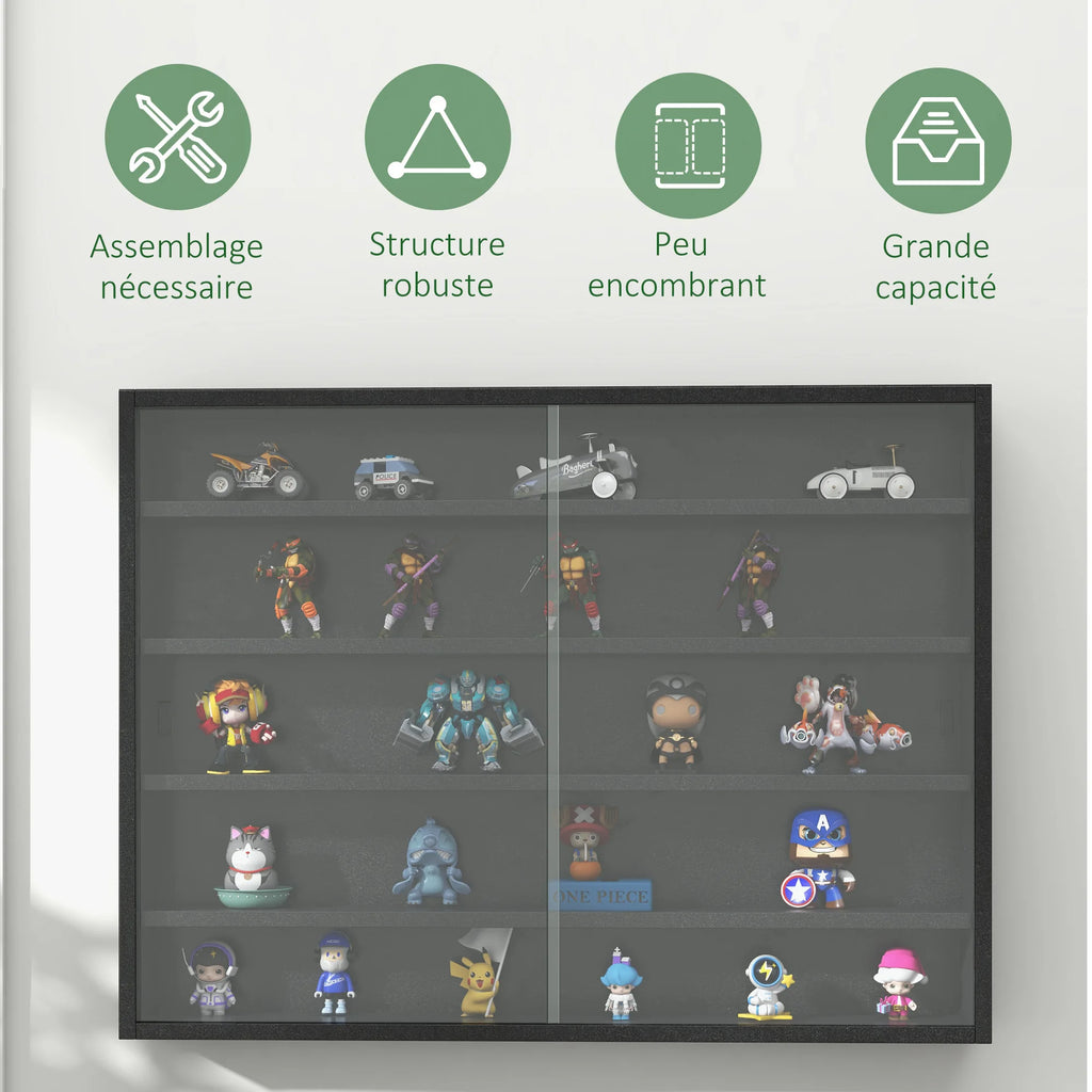 Vitrine murale noire 80 cm à portes coulissantes en verre — caractéristiques illustrées
