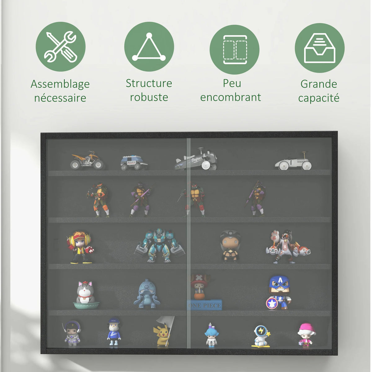 Vitrine murale noire 80 cm à portes coulissantes en verre — caractéristiques illustrées