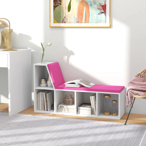 Banc bibliothèque blanc et rose à 5 compartiments, 108 cm — dans une chambre