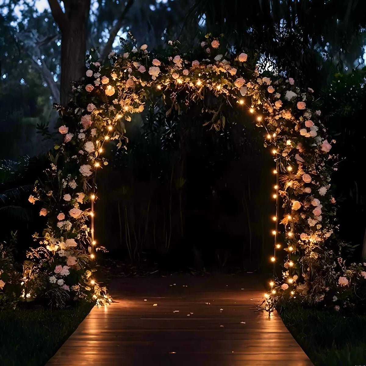 Arche arrondie dorée en métal : exemple de mise en lumière au jardin.