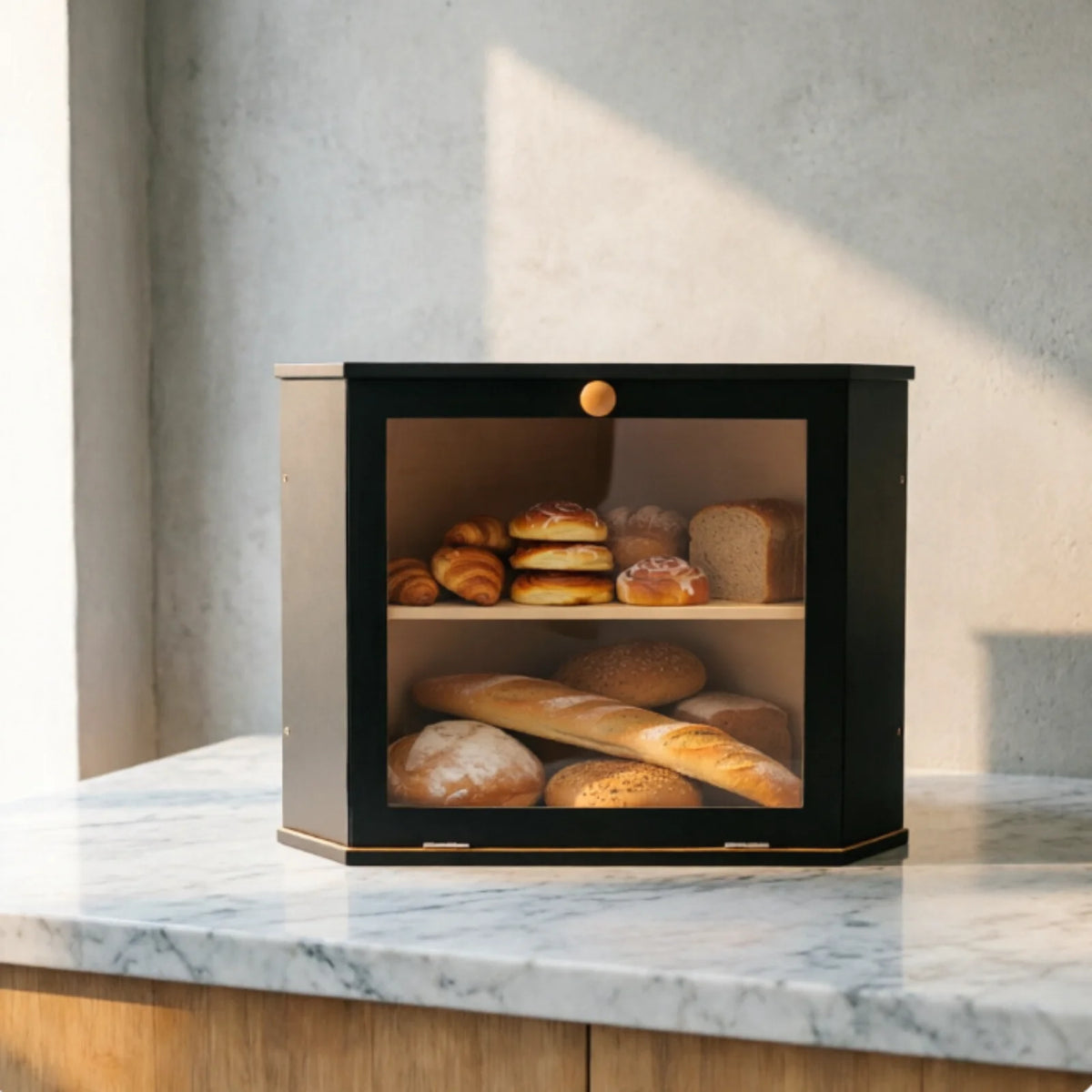 Boîte à pain d’angle en bambou noir à 2 niveaux — présentée avec du pain sur le plan de travail