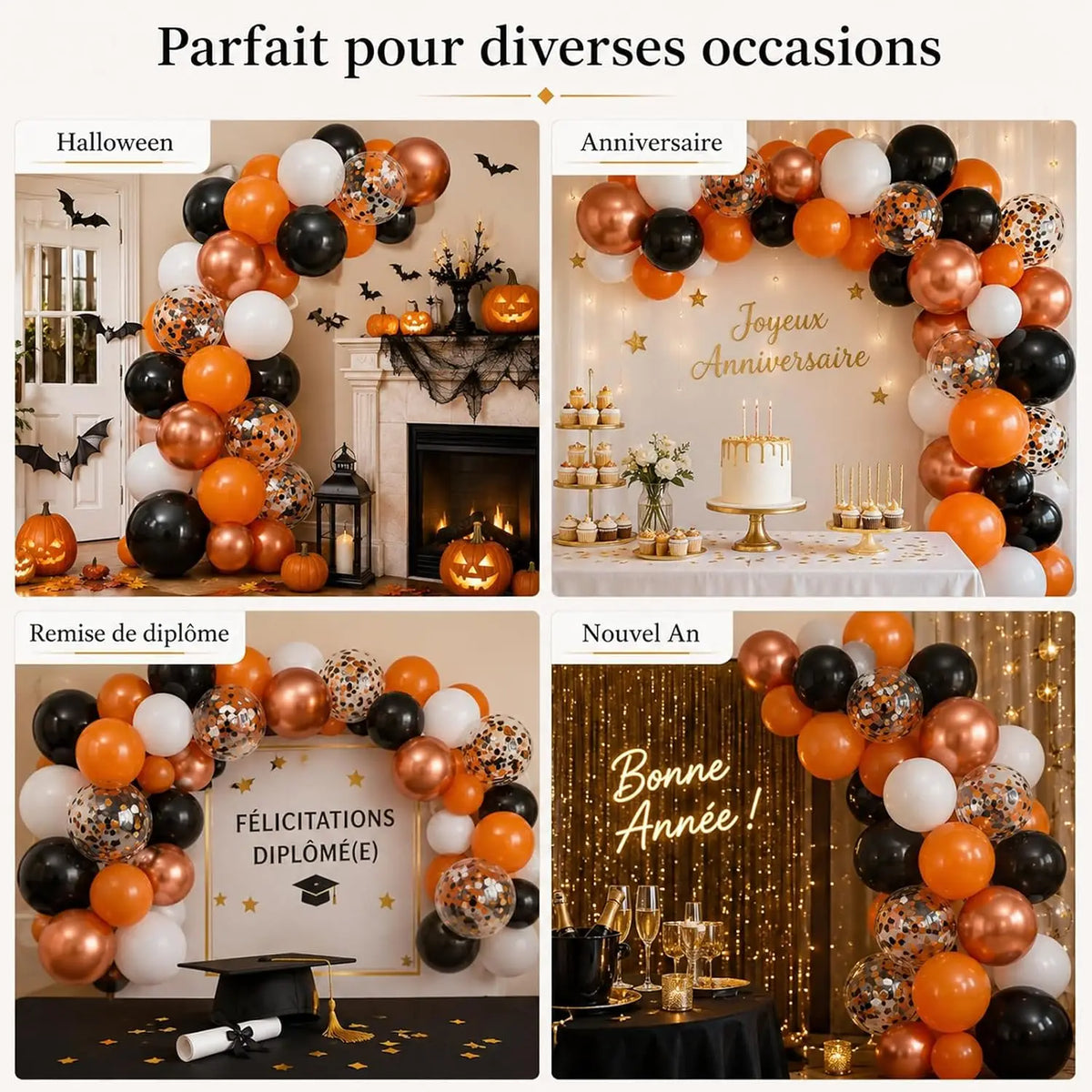Ballons Halloween orange et noirs : exemples de mise en scène pour différentes fêtes.