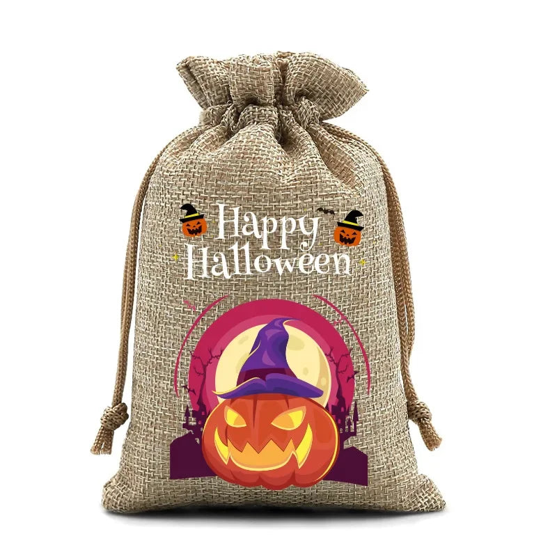Sachet beige illustré d’une citrouille avec chapeau de sorcière