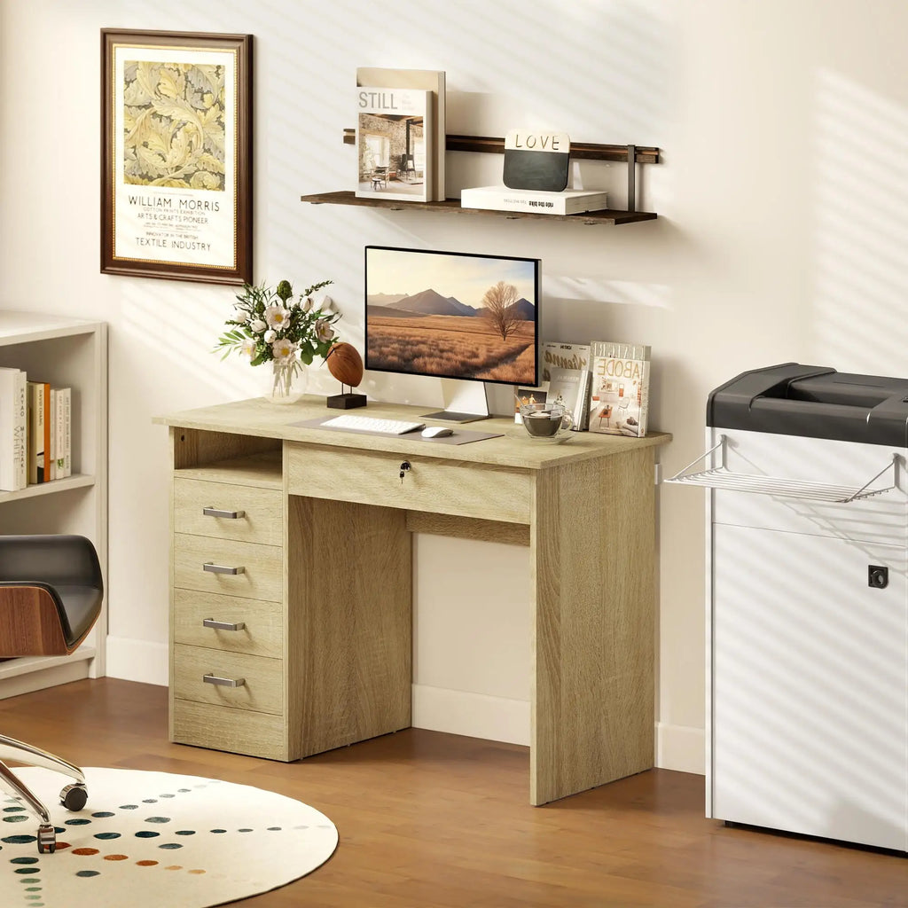 Bureau effet chêne avec 5 tiroirs et niche ouverte