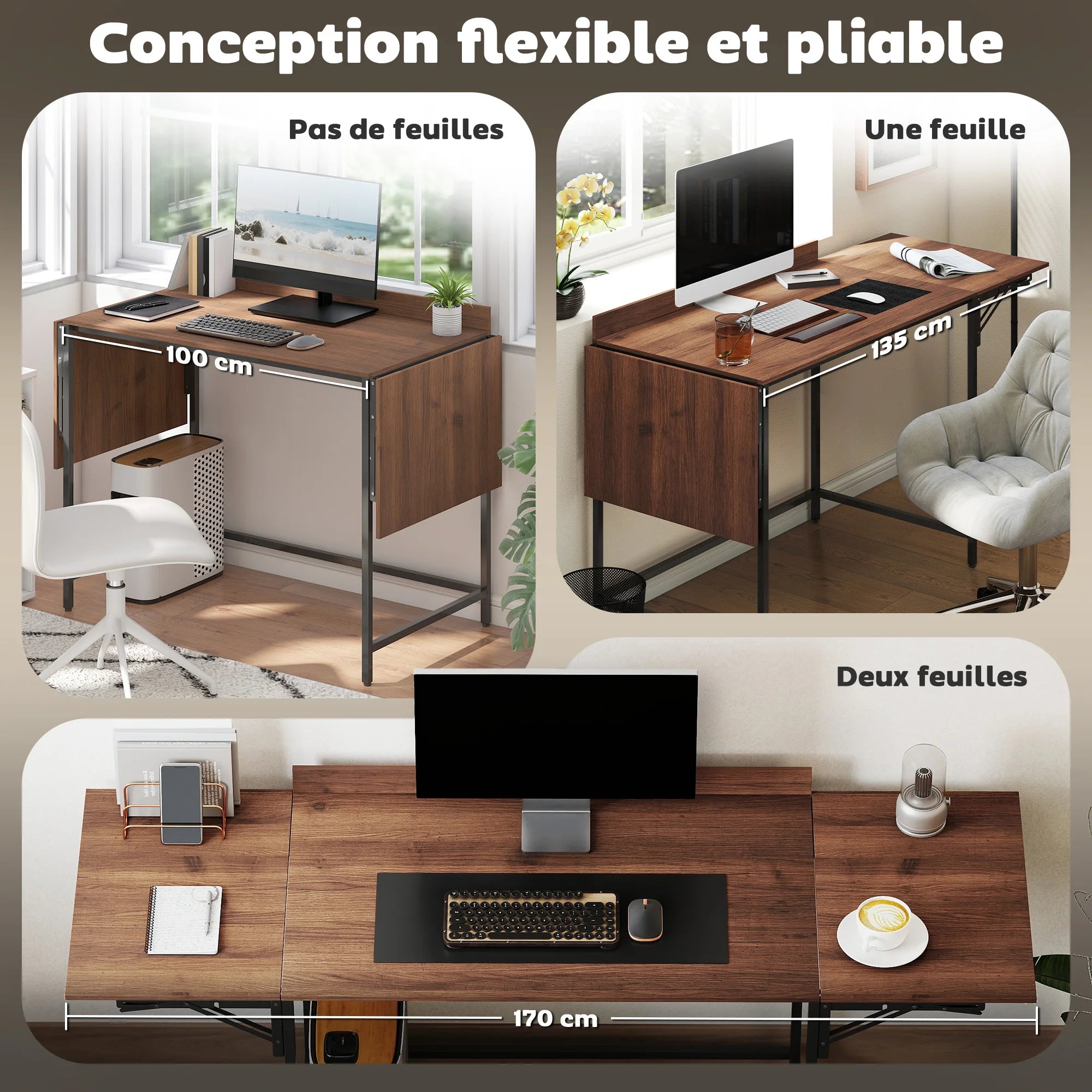 Bureau pliant à 2 rabats pour double écran 170 × 58 cm