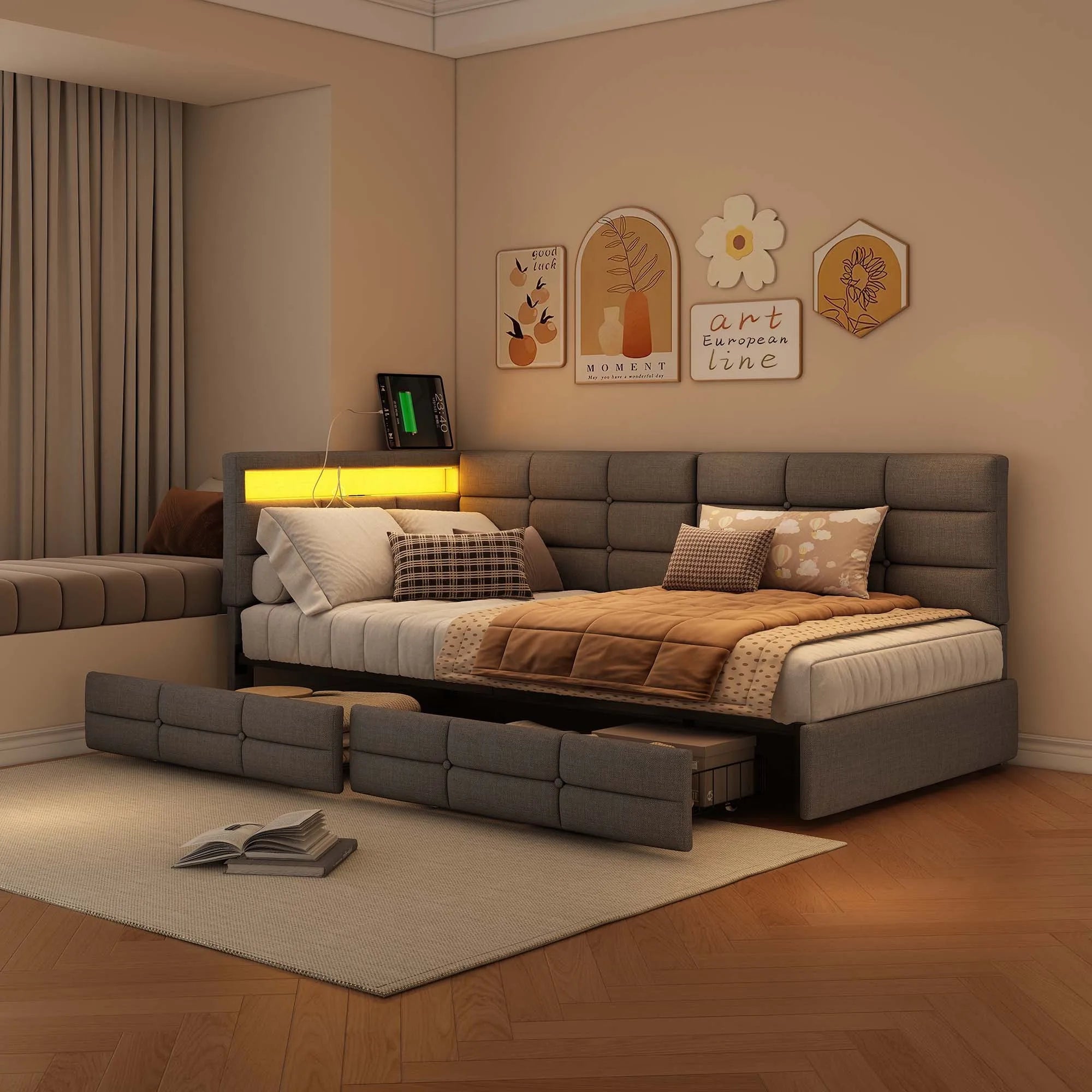 Lit banquette 90 × 200 cm avec LED, USB et rangement