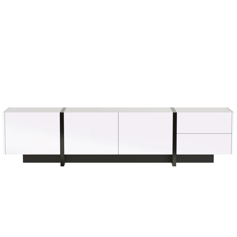 Meuble TV bas de 190 cm aux façades blanches et noires, finition blanche