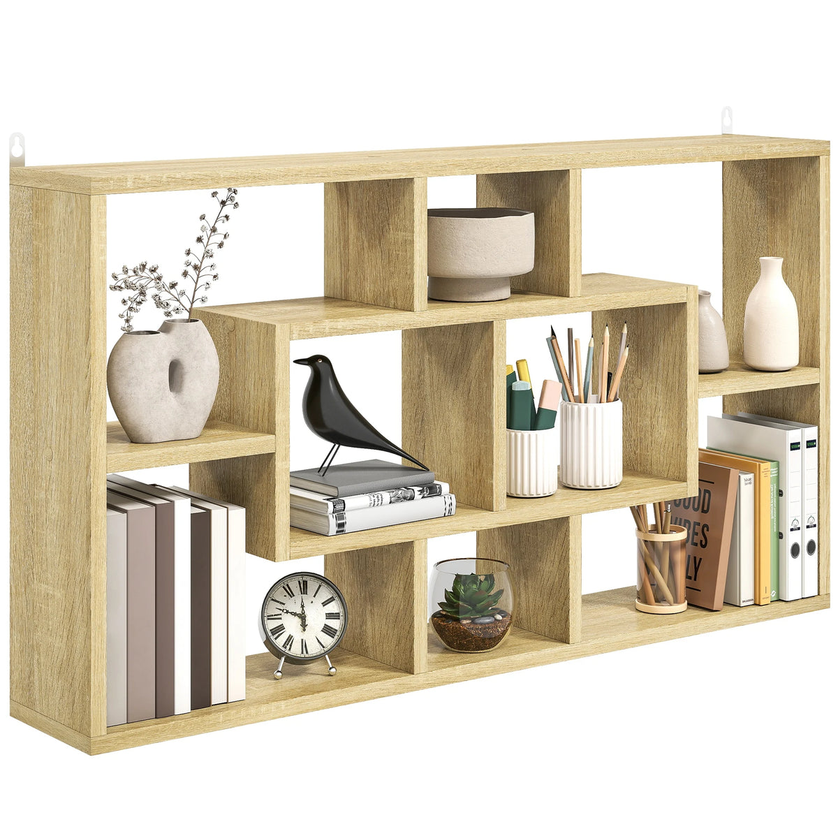 Étagère murale en bois à huit cases pour livres et CD
