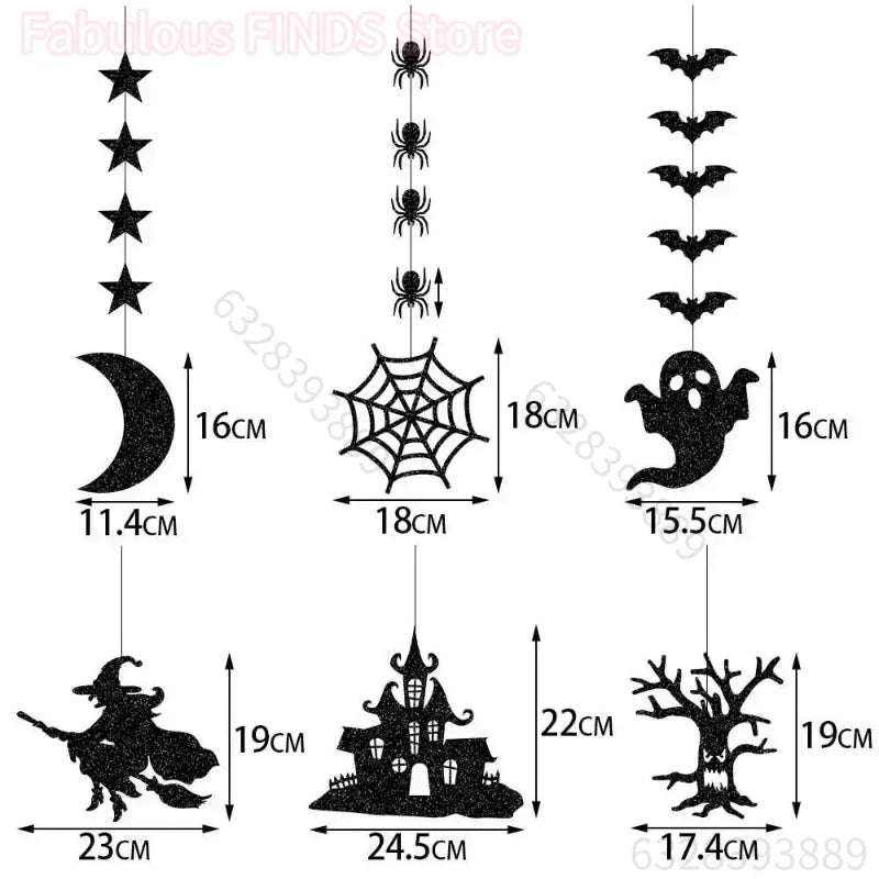 Dimensions des motifs : lune, toile, fantôme, sorcière, château et arbre
