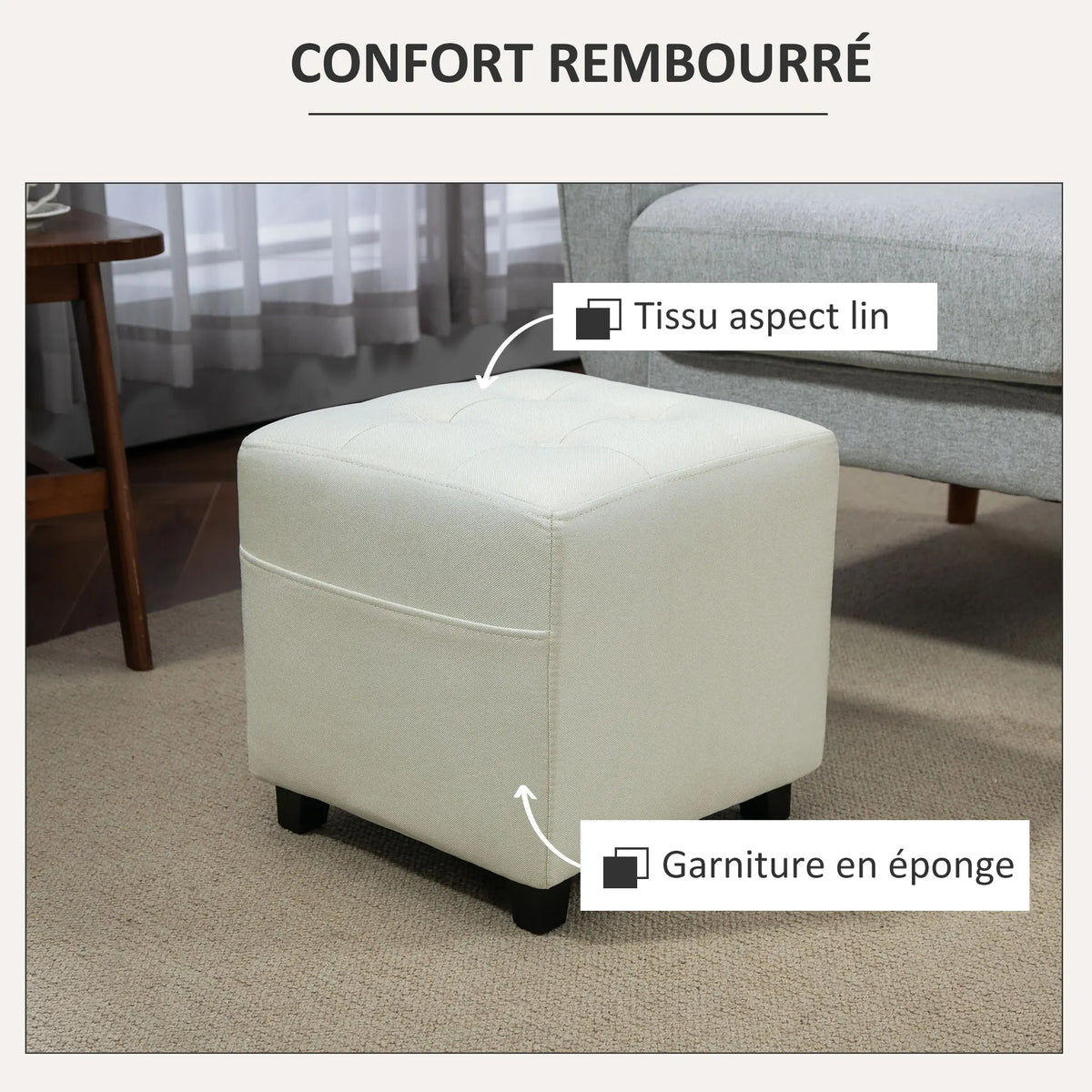 Pouf repose-pieds crème avec poche latérale, 35 cm — revêtement et rembourrage