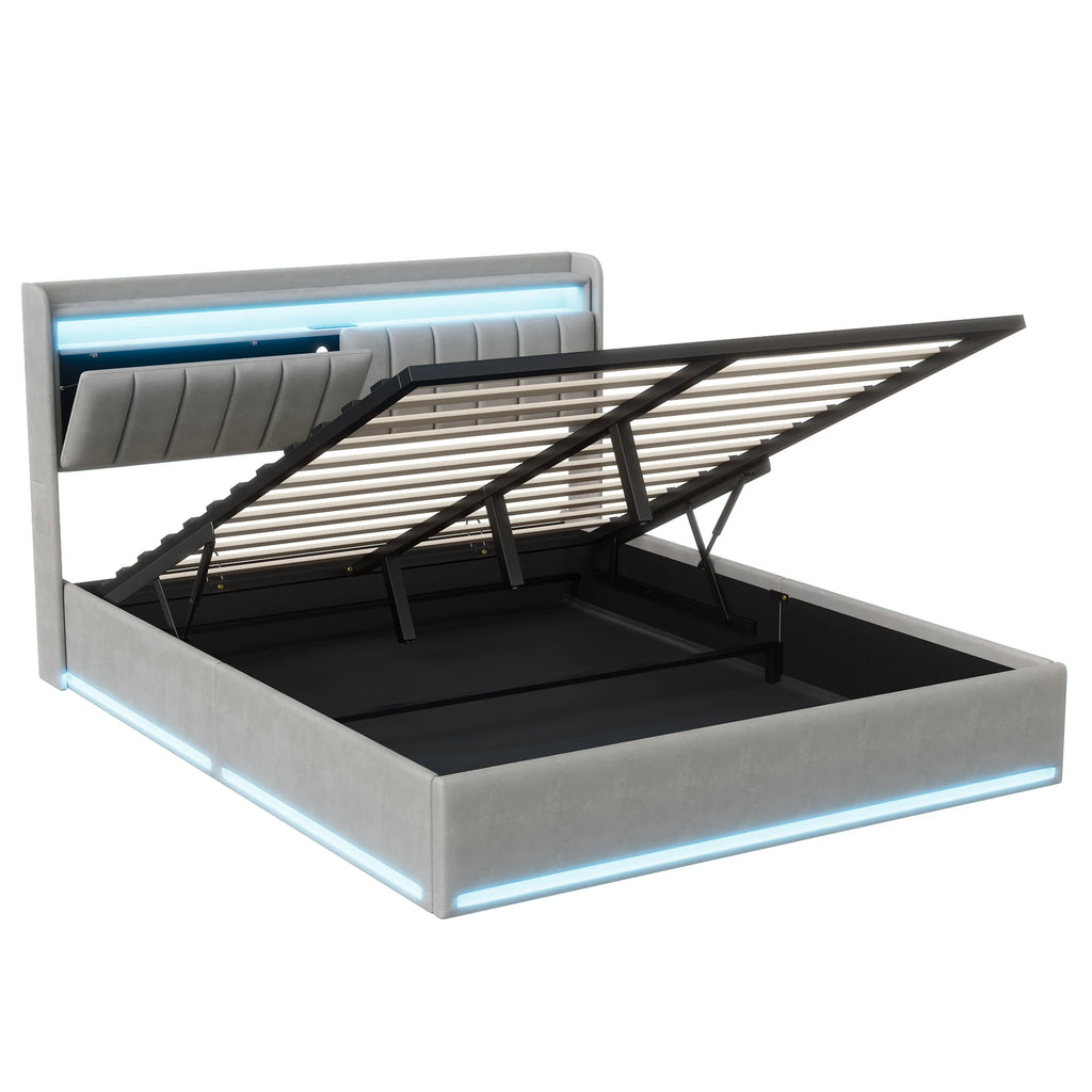 Lit coffre 140 × 200 cm avec LED et port USB