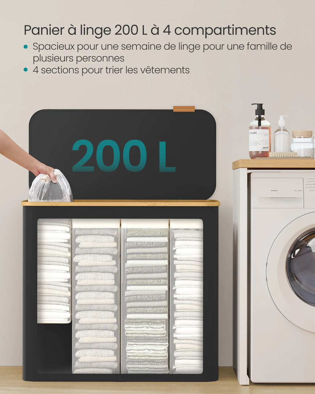 Panier à linge 200 L à quatre compartiments avec couvercle, illustration 2