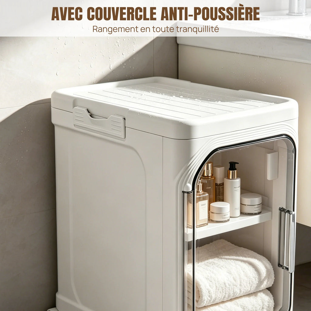 Colonne de rangement pliable à 3 niveaux sur roulettes — porte transparente et rangement fermé
