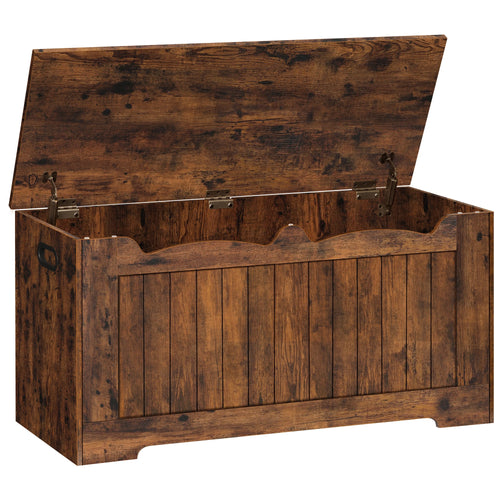 Coffre banc relevable en bois brun foncé, couvercle ouvert avec charnières de sécurité