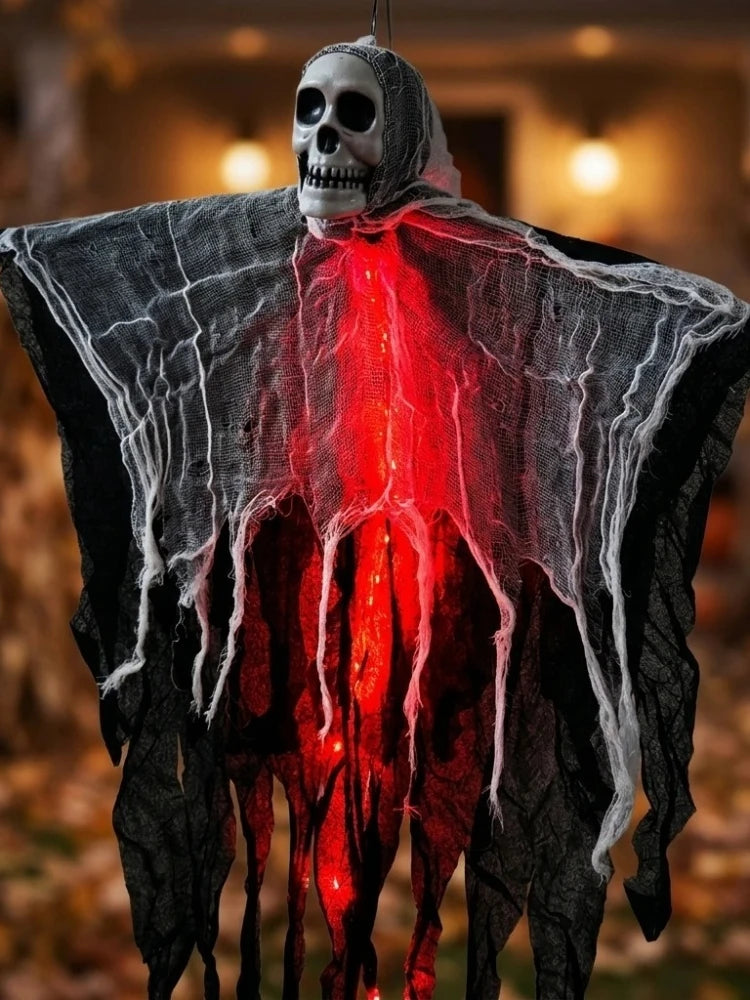 Squelette fantôme lumineux à suspendre pour Halloween : variante à lumière rouge.