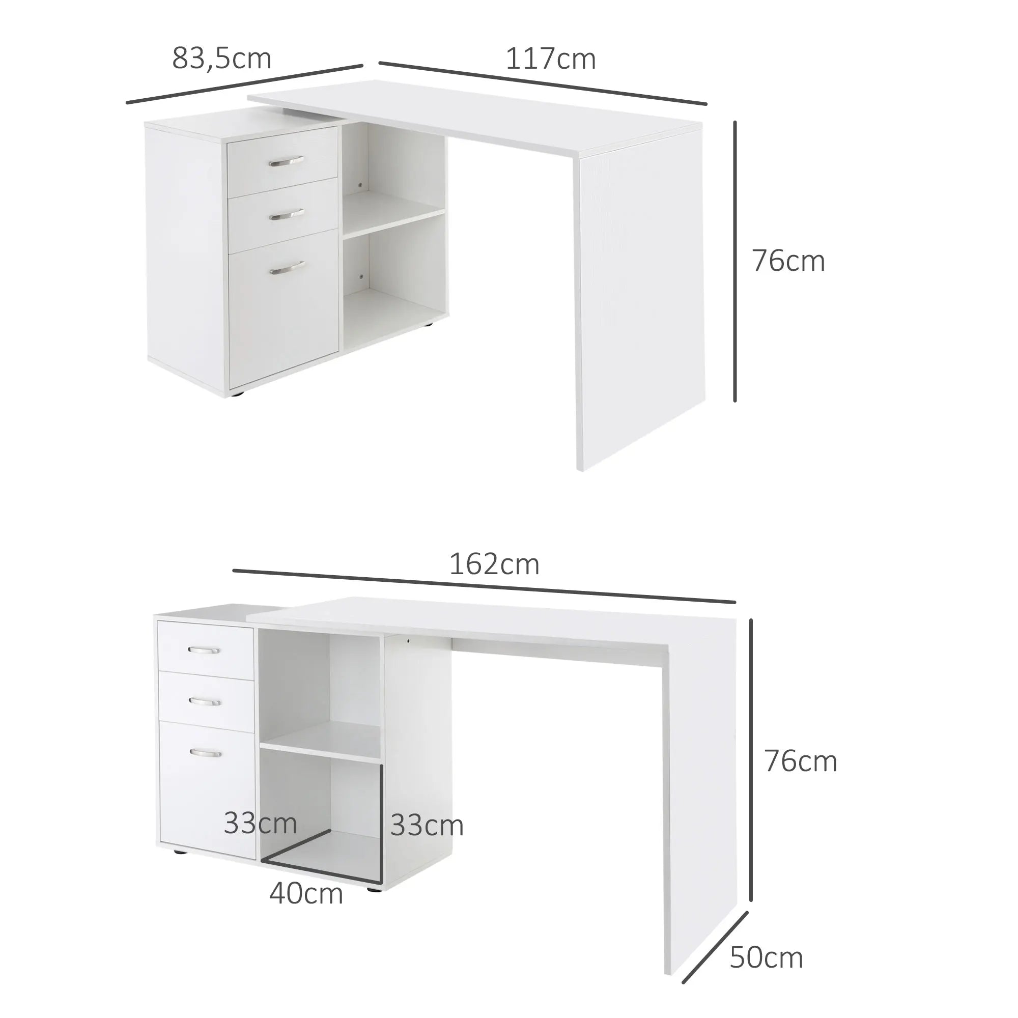 Bureau modulable 2-en-1 avec 3 tiroirs et 2 niches