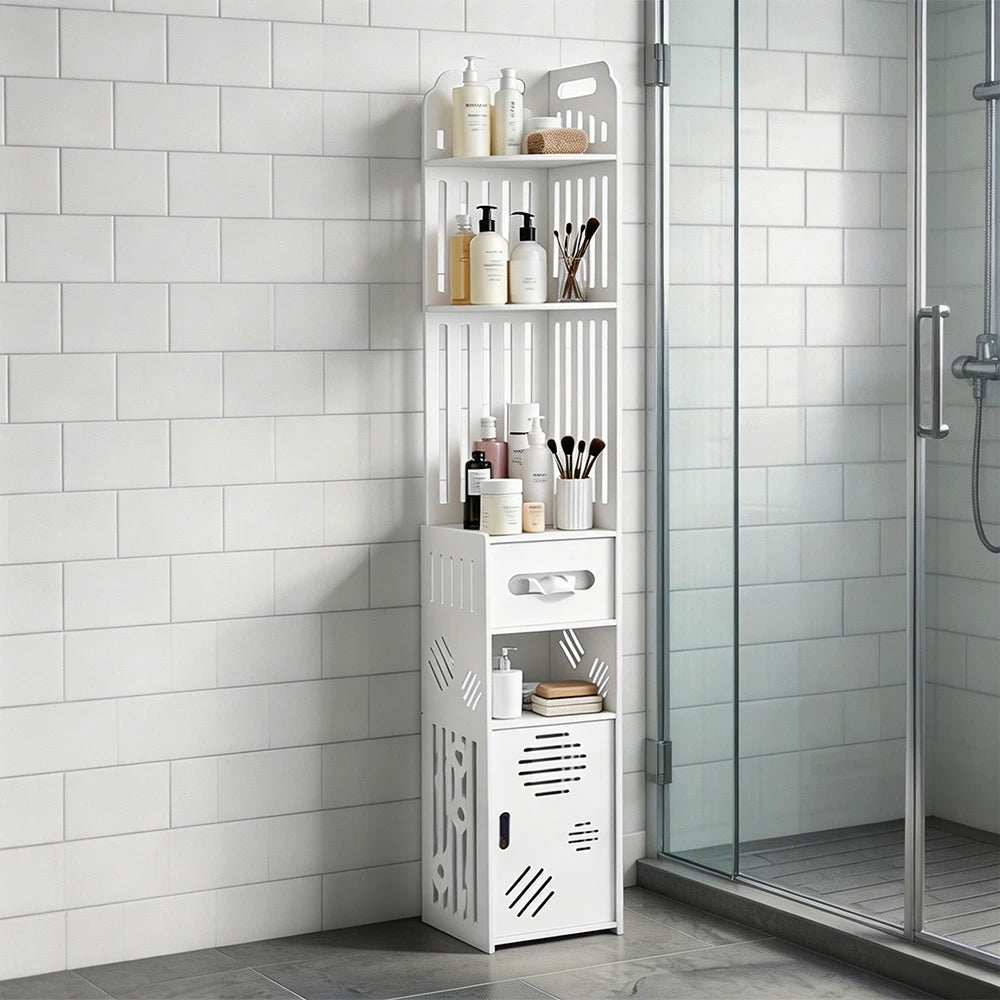 Meuble WC étroit blanc à 6 niveaux avec porte-rouleau
