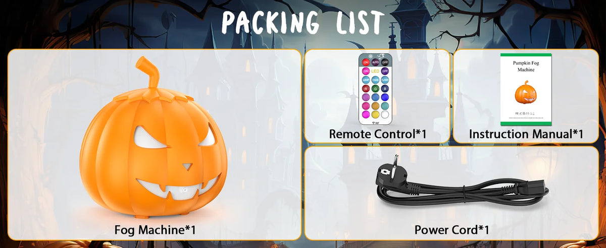 Machine à fumée citrouille Halloween 600 W avec LED RGB — contenu du colis