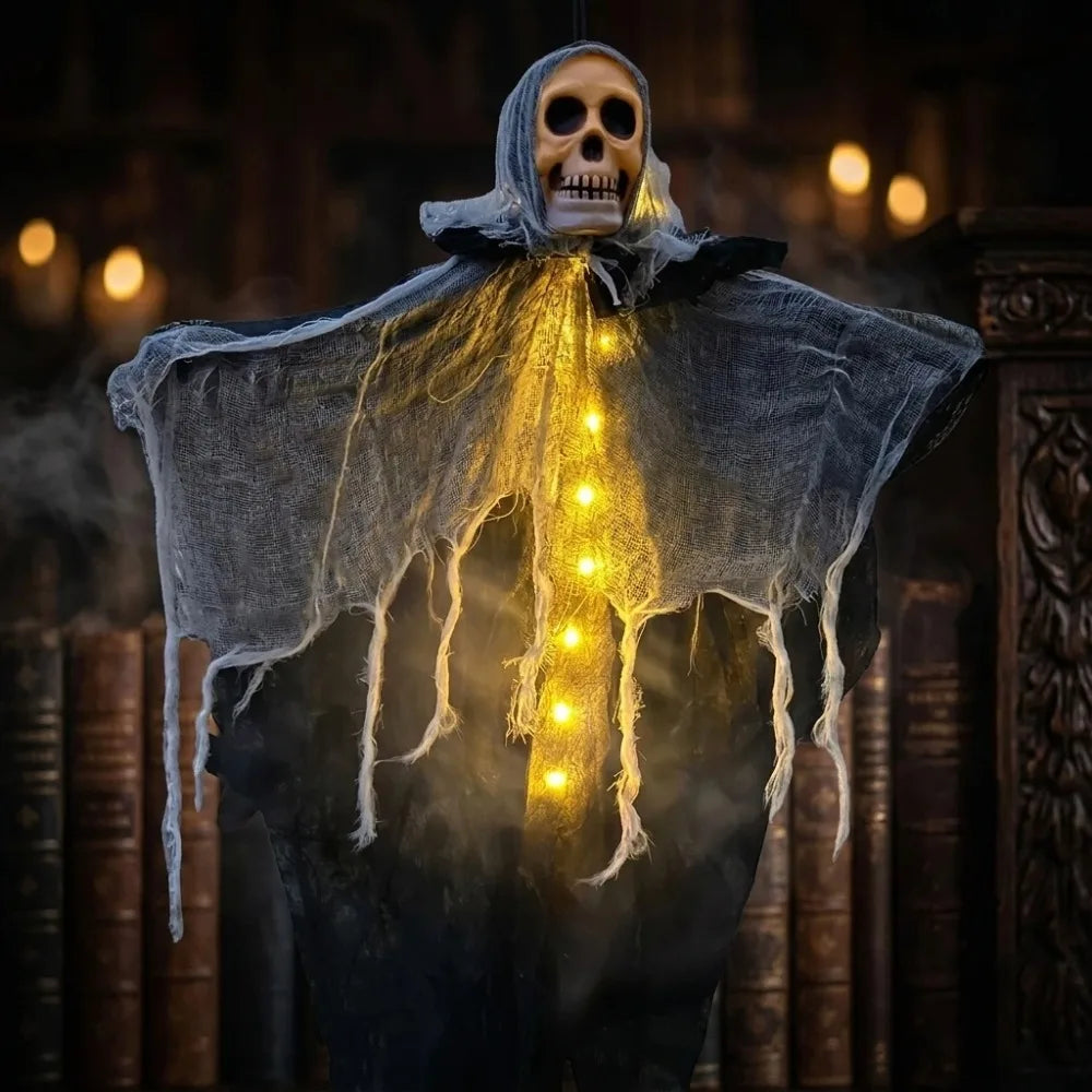 Squelette fantôme lumineux à suspendre pour Halloween : vue du modèle jaune.