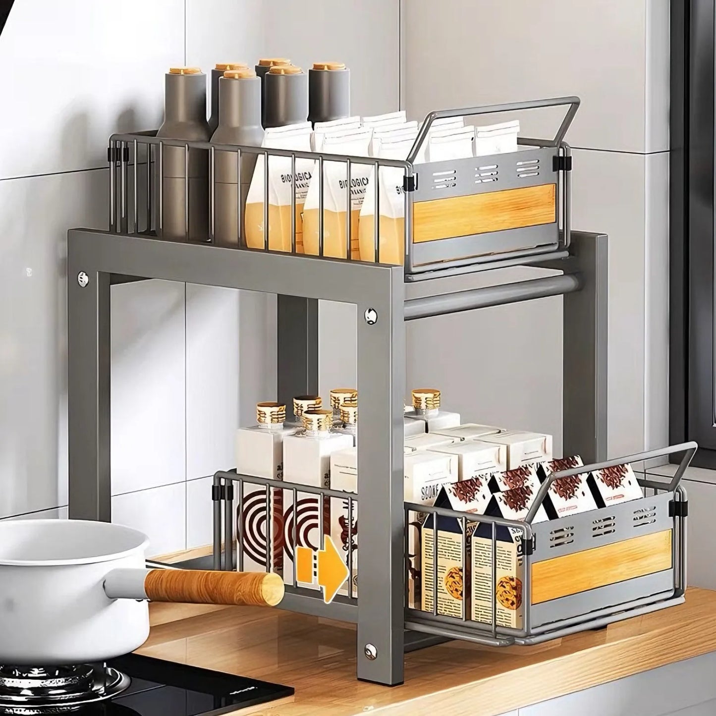 Rangement Coulissant Sous Évier Réglable Double Tiers Pour Cuisine