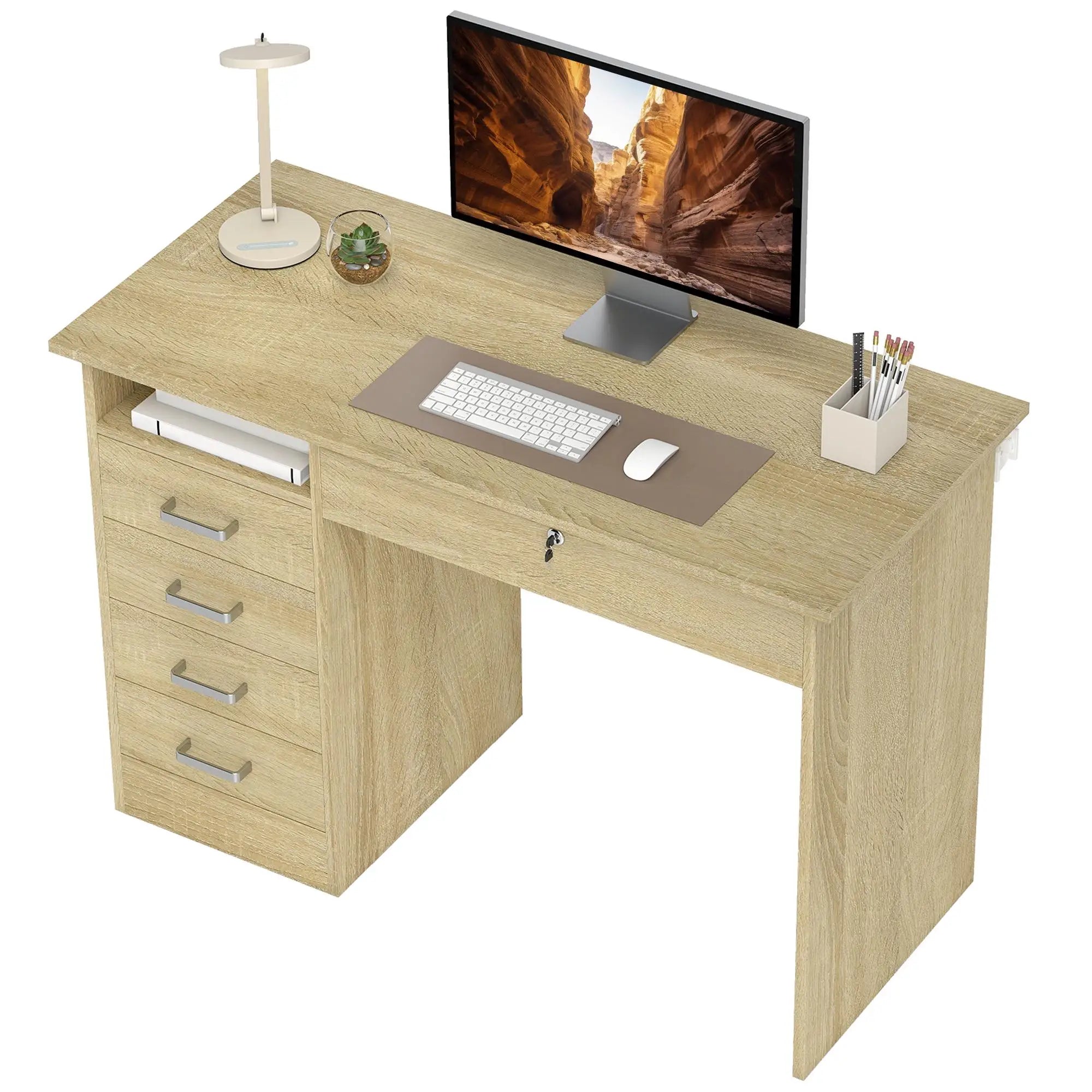 Bureau effet chêne avec 5 tiroirs et niche ouverte