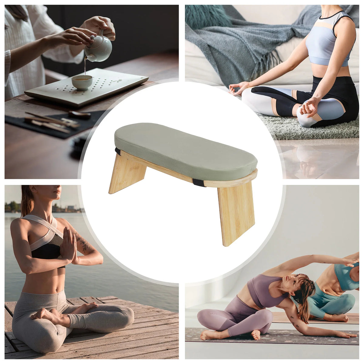 Banc de méditation pliable en bambou avec assise rembourrée — au sol près d’un tapis