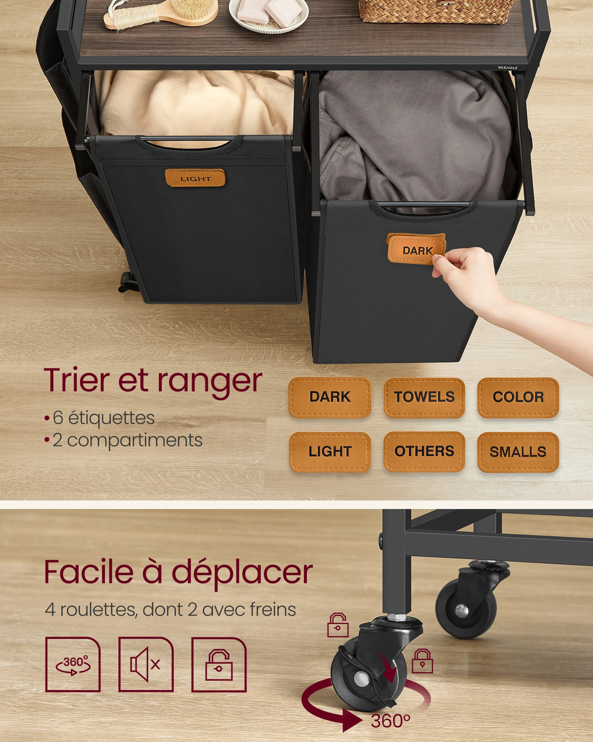 Panier à linge 100 L sur roulettes avec deux compartiments et étagère, illustration 4