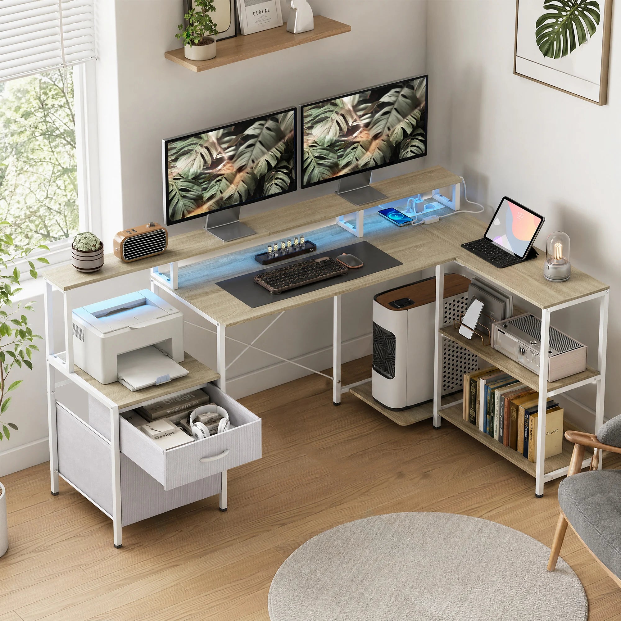 Bureau d’angle LED RGB avec prises et 2 tiroirs