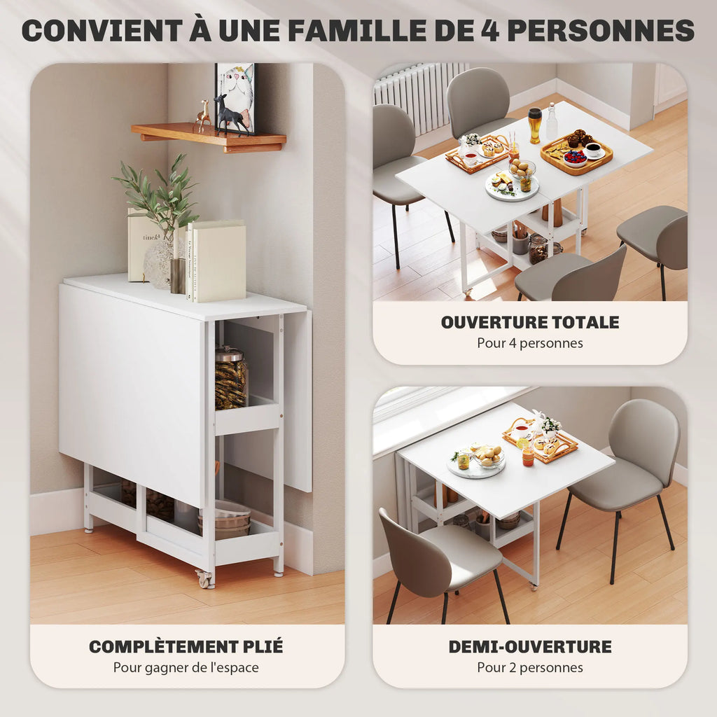 Table à manger pliante sur roulettes pour 4 personnes