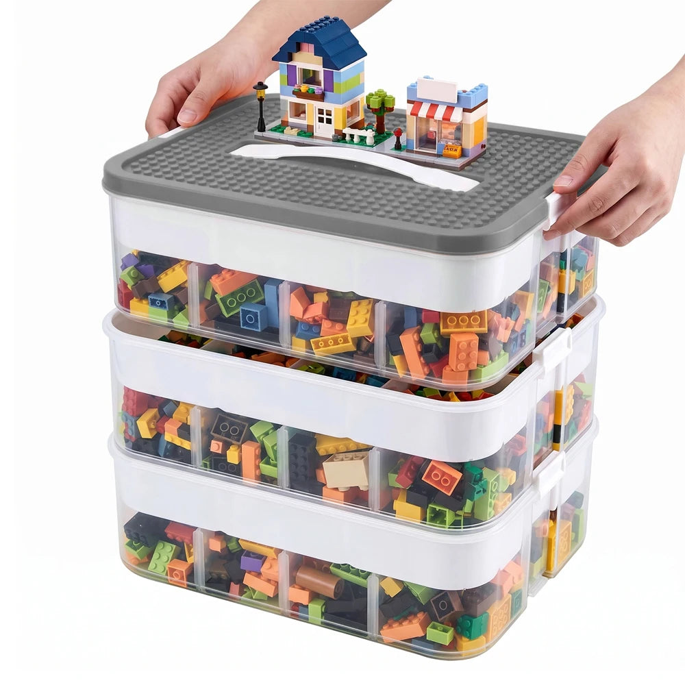 Boîte de rangement à 3 étages en plastique transparent, couvercle gris avec prise