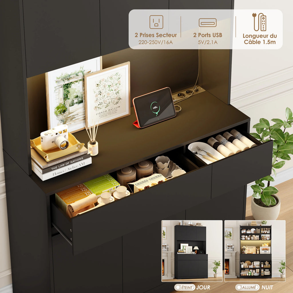 Vaisselier de cuisine avec LED, 6 portes et 2 tiroirs – 180 cm – vue 4