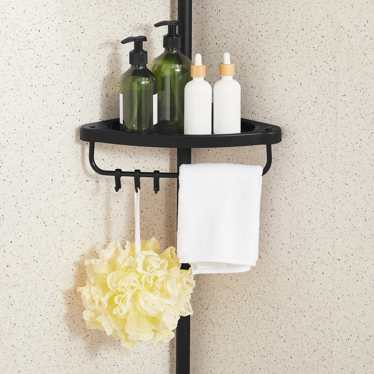 Étagère de douche noire, 4 niveaux télescopiques — crochets et support de serviette