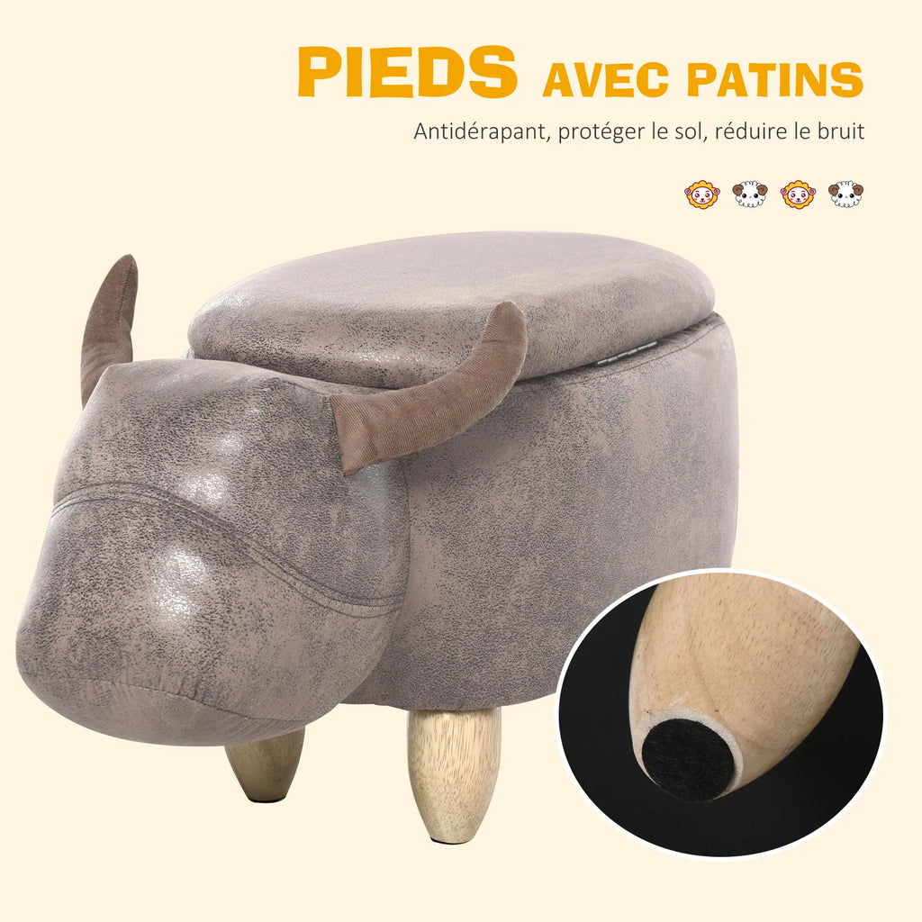 Pouf vache avec coffre de rangement, brun aspect daim — patins sous les pieds