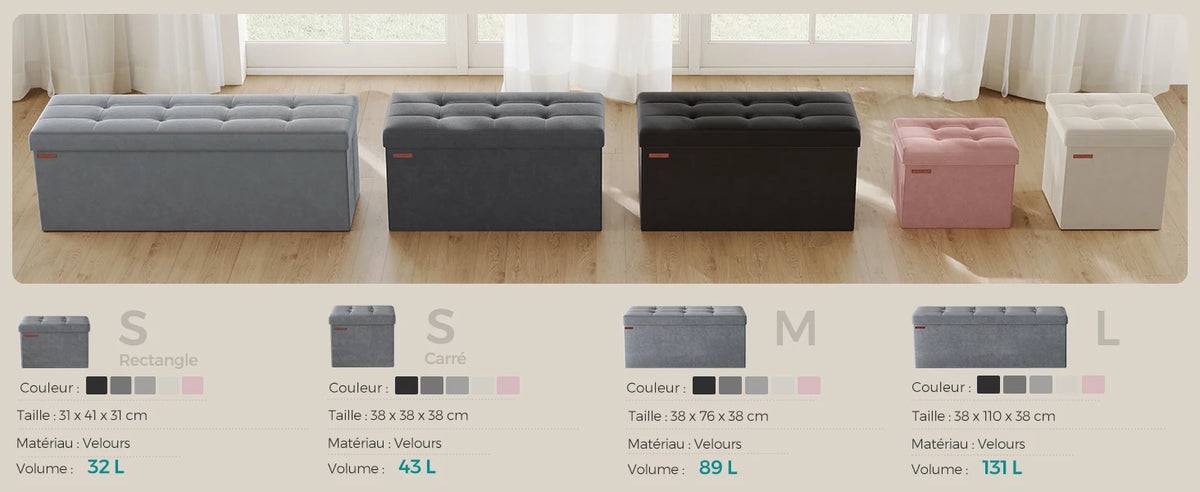 Banc coffre pliable 110 cm avec assise rembourrée — coloris de la gamme