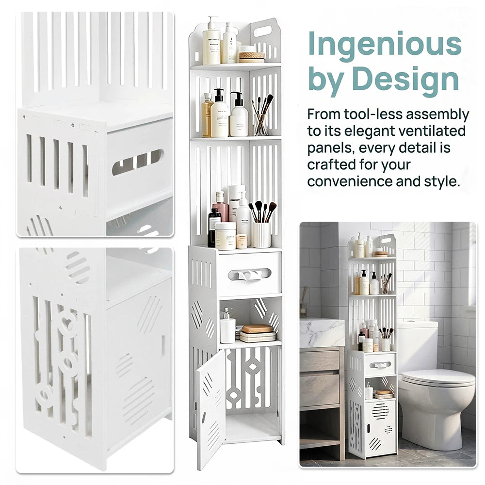 Meuble WC étroit blanc à 6 niveaux avec porte-rouleau