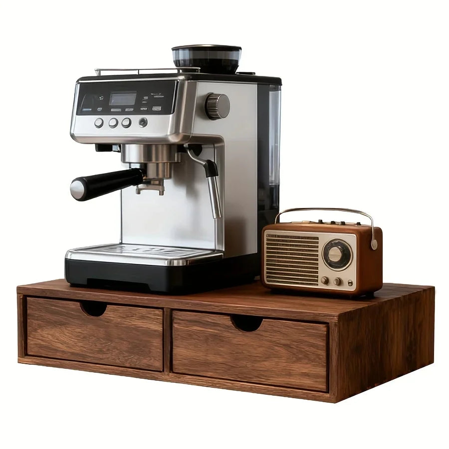 Plateau bois avec tiroirs pour dosettes, présenté avec machine à expresso