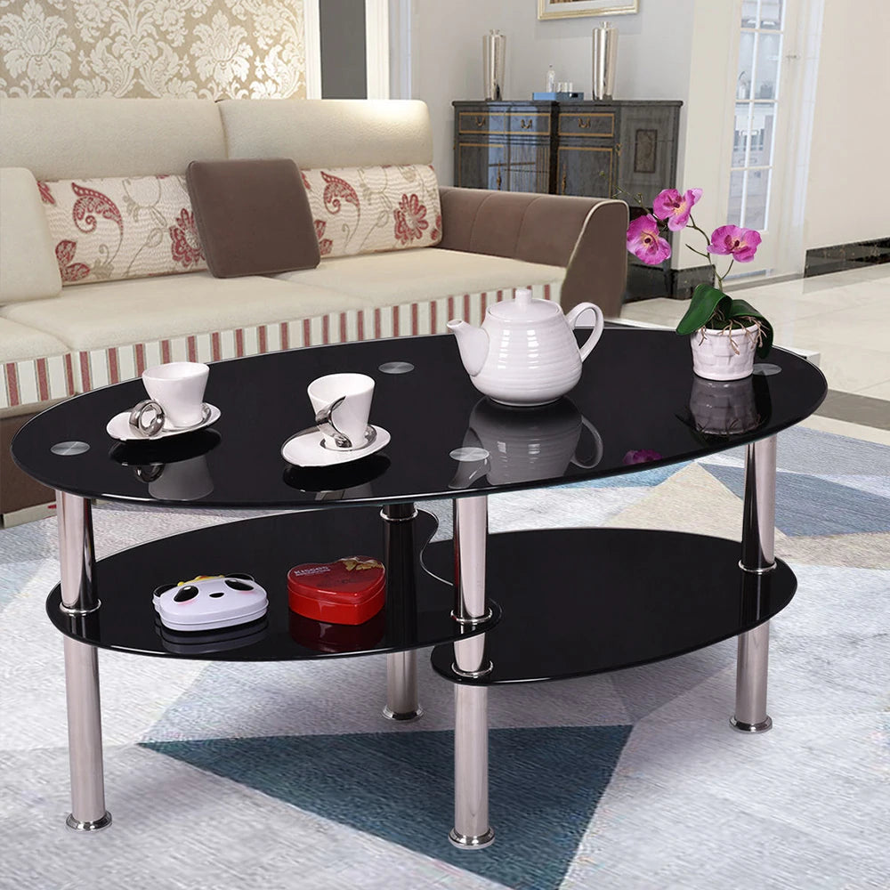 Table basse ovale en verre à 3 niveaux 90 × 50 cm