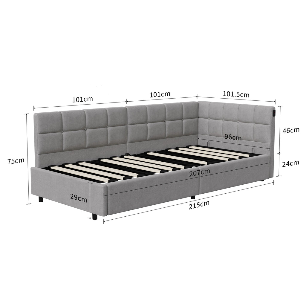 Lit banquette 90 × 200 cm avec LED, USB et rangement