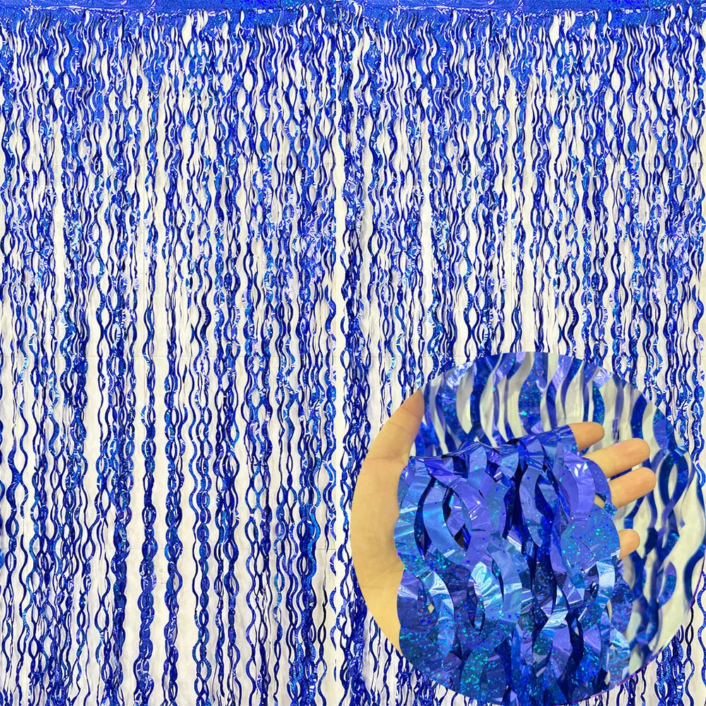 Rideau de fête bleu roi à franges ondulées