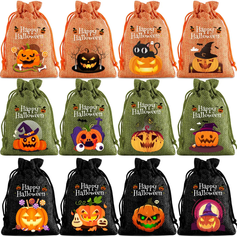 Modèle citrouilles Halloween sur sachets orange, verts et noirs