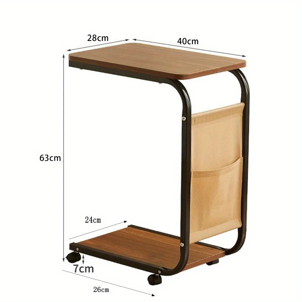 Table d’appoint en C avec poche latérale et roulettes — dimensions et roulettes