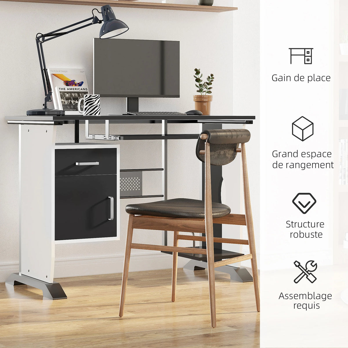 Bureau informatique compact noir et blanc de 100 cm, illustration 6